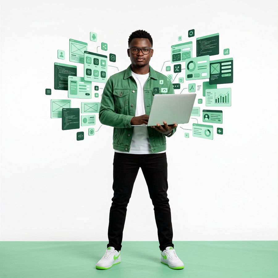 Professional using AI-powered tools on a laptop, surrounded by app and dashboard mockups